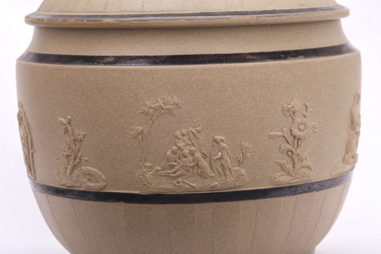 British Rare Signed Samuel Hollins Drabware Covered Bowl For Sale