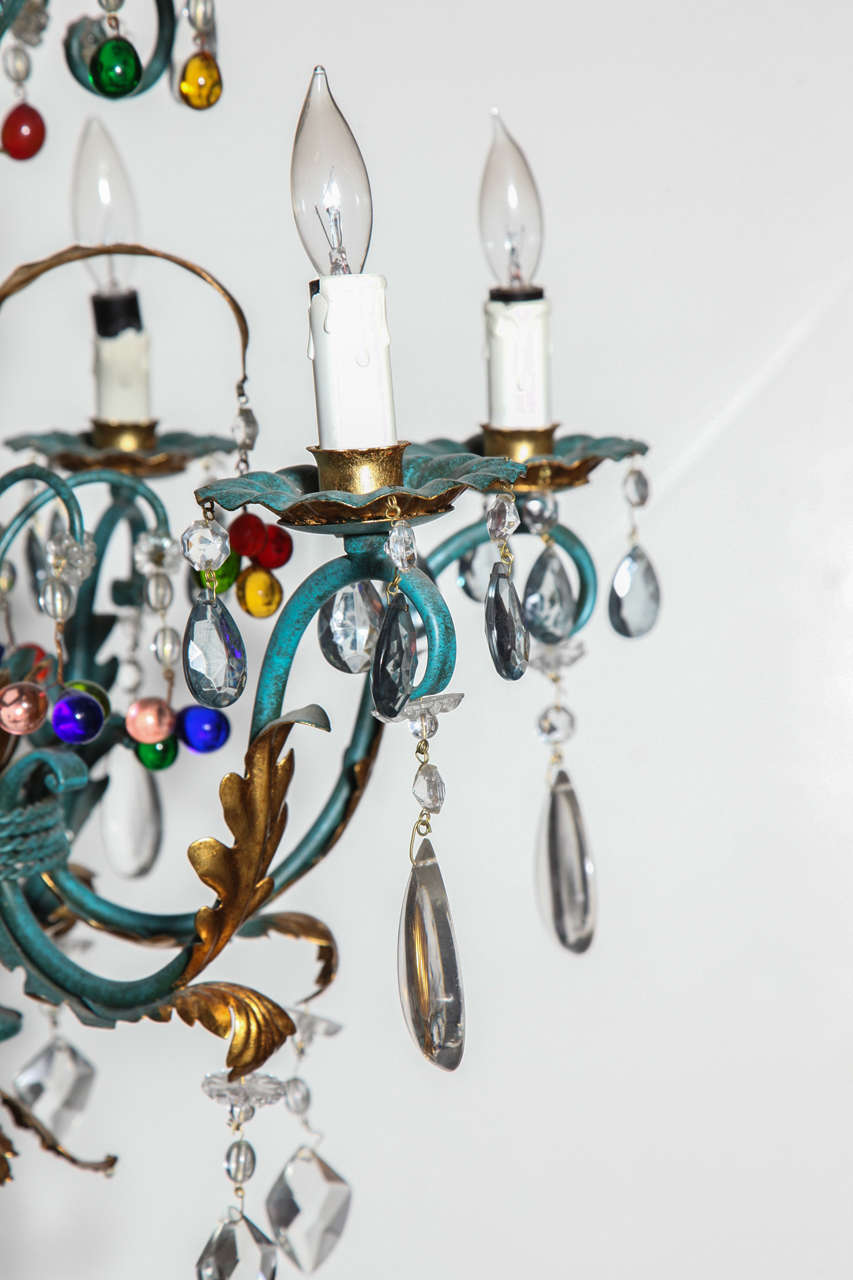 Vintage 1940s Italian Green and Gilt Chandelier with Colorful Crystals In Good Condition In Chicago, IL