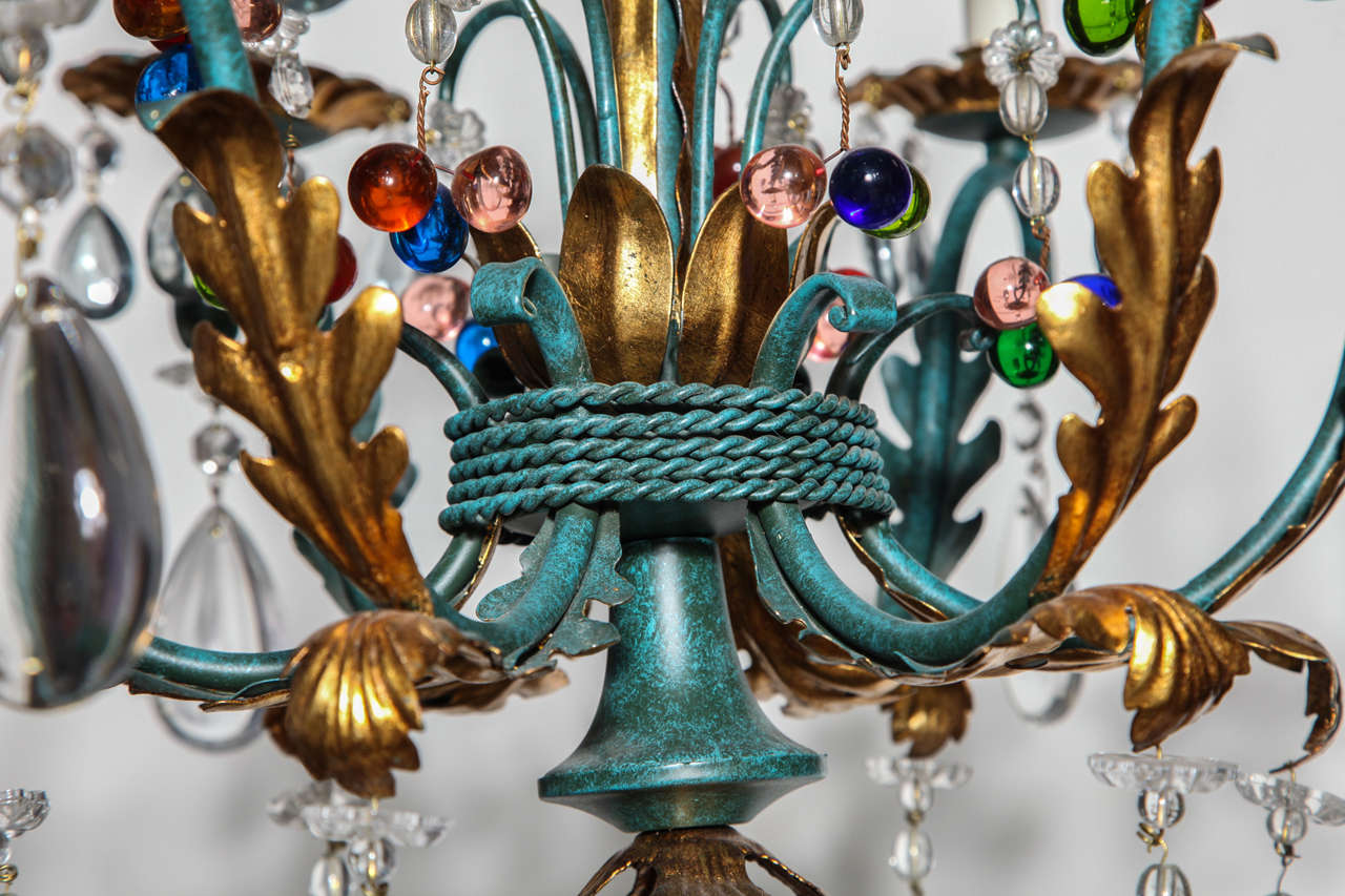 Bronze Vintage 1940s Italian Green and Gilt Chandelier with Colorful Crystals