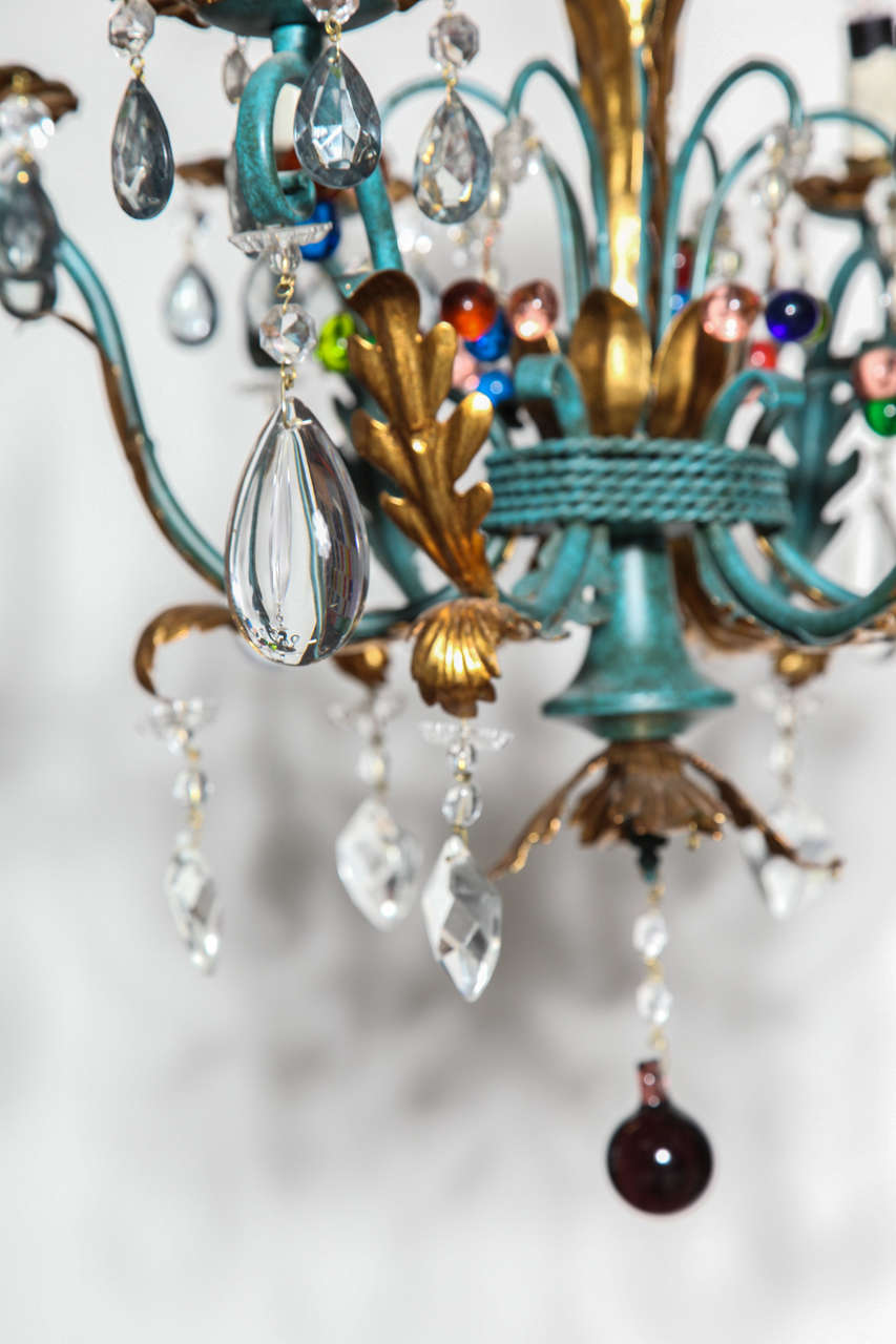 Vintage 1940s Italian Green and Gilt Chandelier with Colorful Crystals 1
