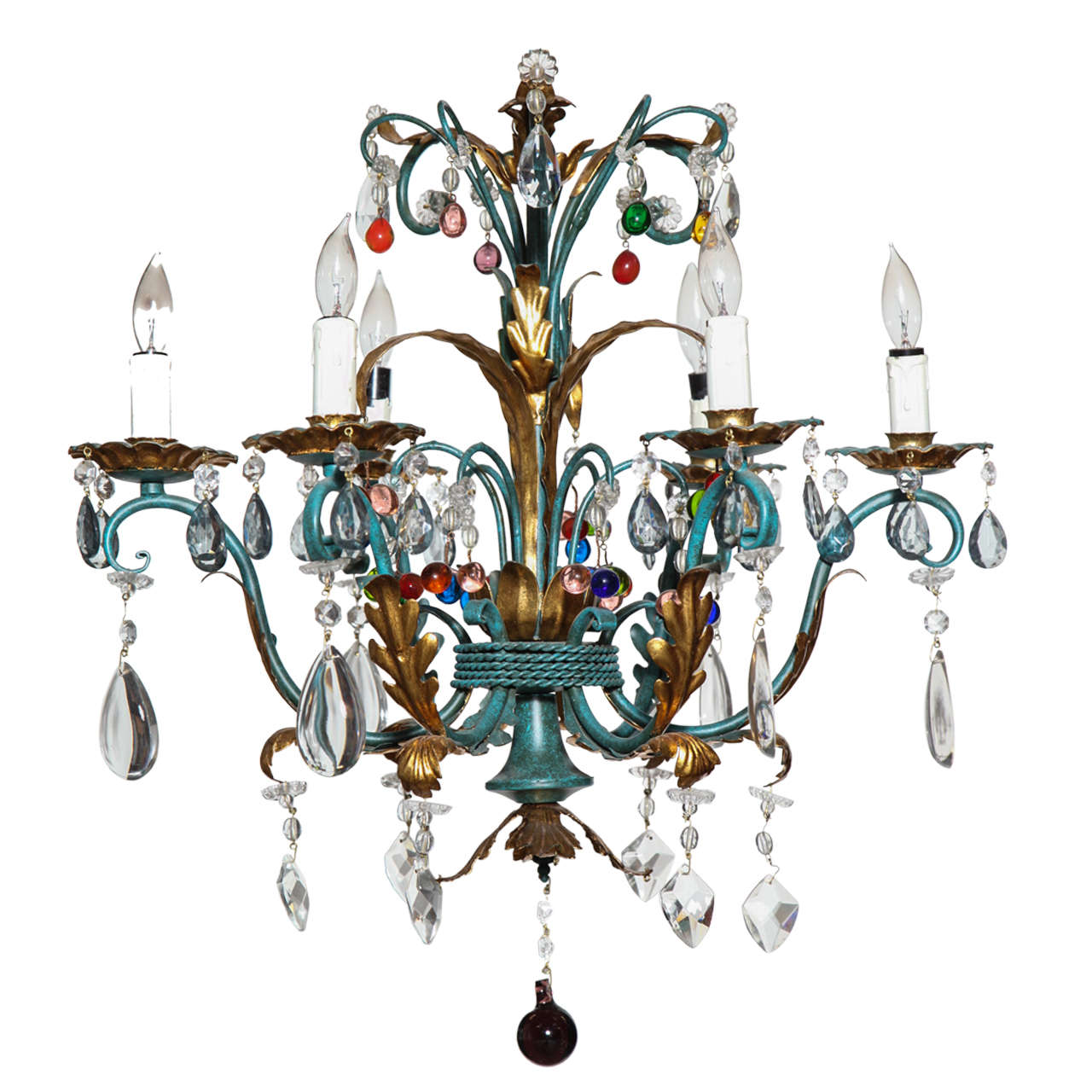 Vintage 1940s Italian Green and Gilt Chandelier with Colorful Crystals