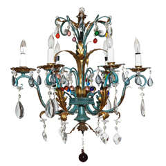 Vintage 1940s Italian Green and Gilt Chandelier with Colorful Crystals