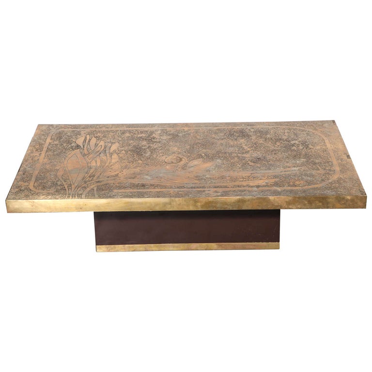 1960s French Etched Bronze Coffee Table For Sale