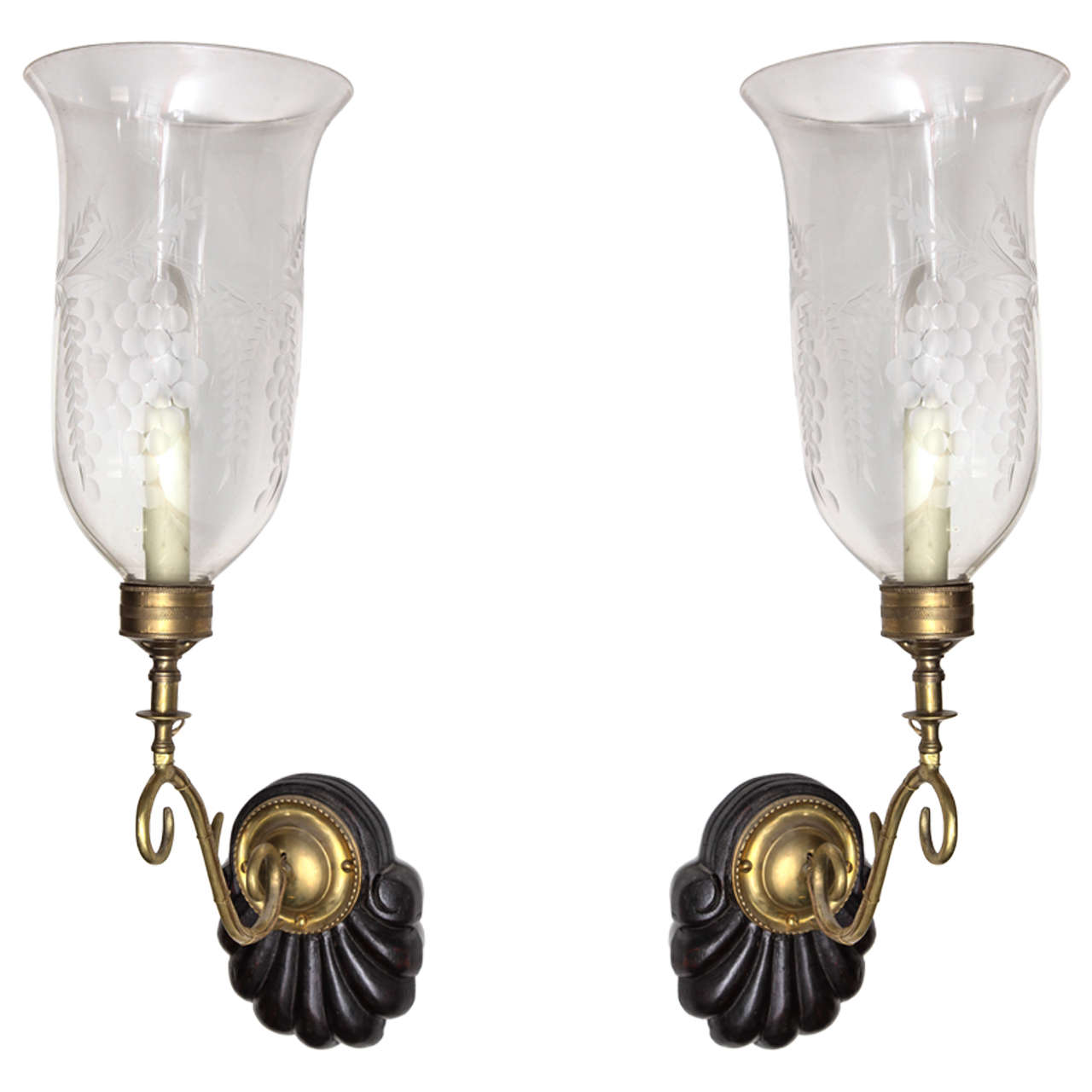 Pair of Vintage Brass and Wood Sconces with Etched Glass Hurricane Shades