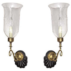 Pair of Vintage Brass and Wood Sconces with Etched Glass Hurricane Shades