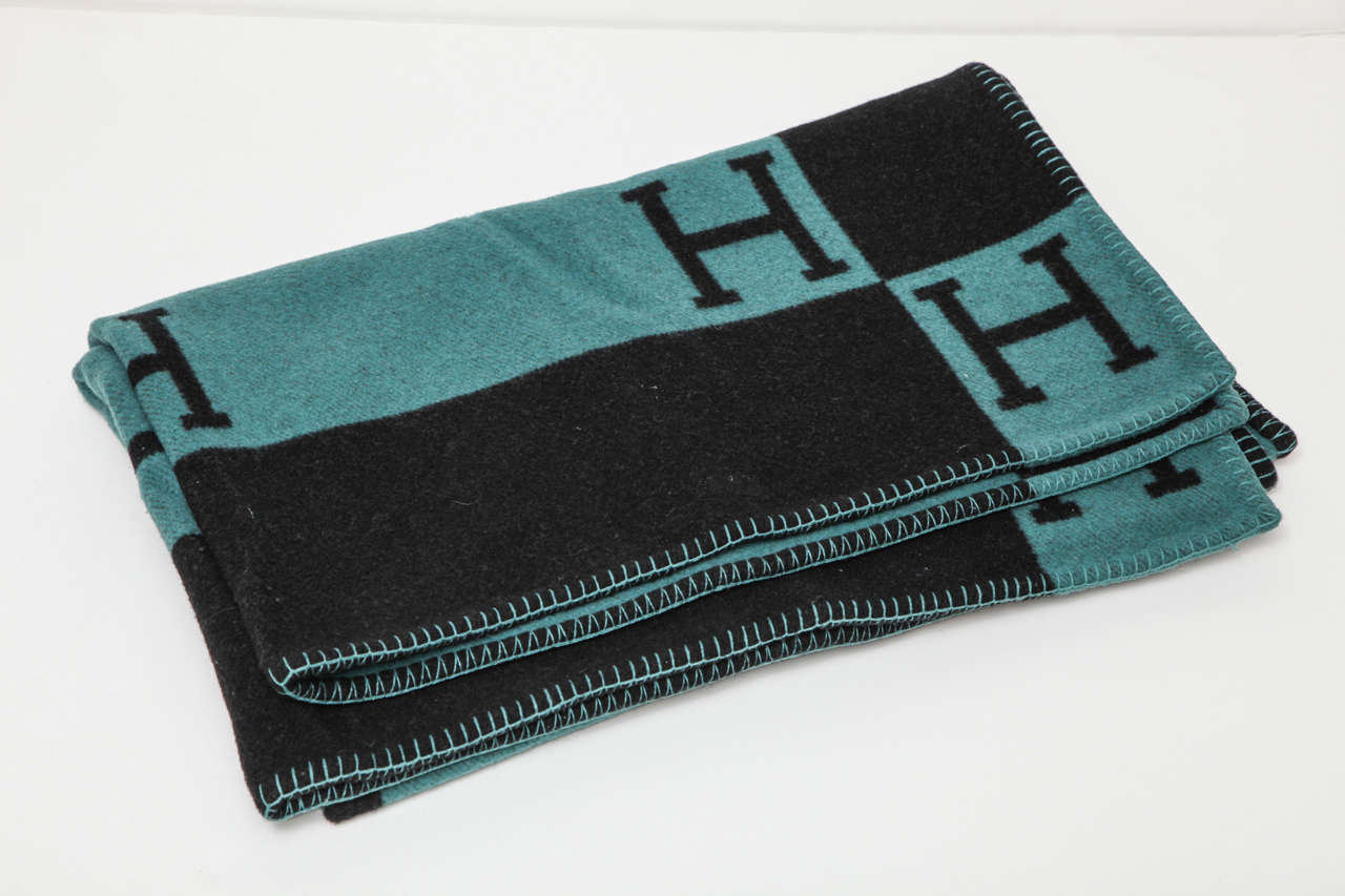 Green, black wool and cashmere Hermès Avalon Home H logo blanket.