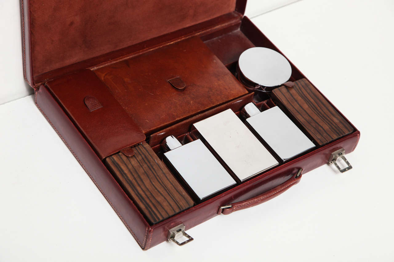 Mid-20th Century Hermès Leather Deco Travel Case with Fittings, Stamped on all Pieces
