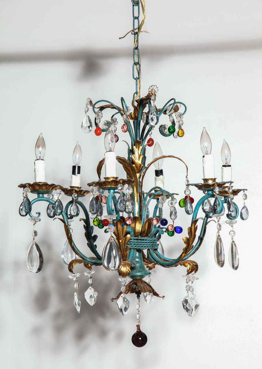 Vintage 1940s Italian Green and Gilt Chandelier with Colorful Crystals