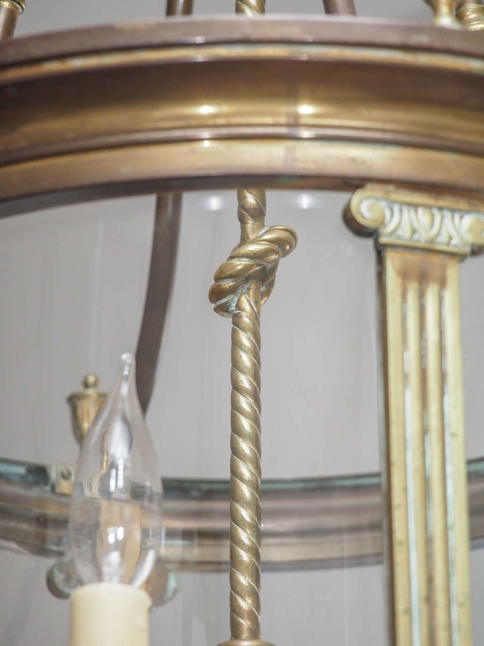 Mid-20th Century French Cylindrical Glass Paneled and Brass Lantern & Ionic Columns For Sale