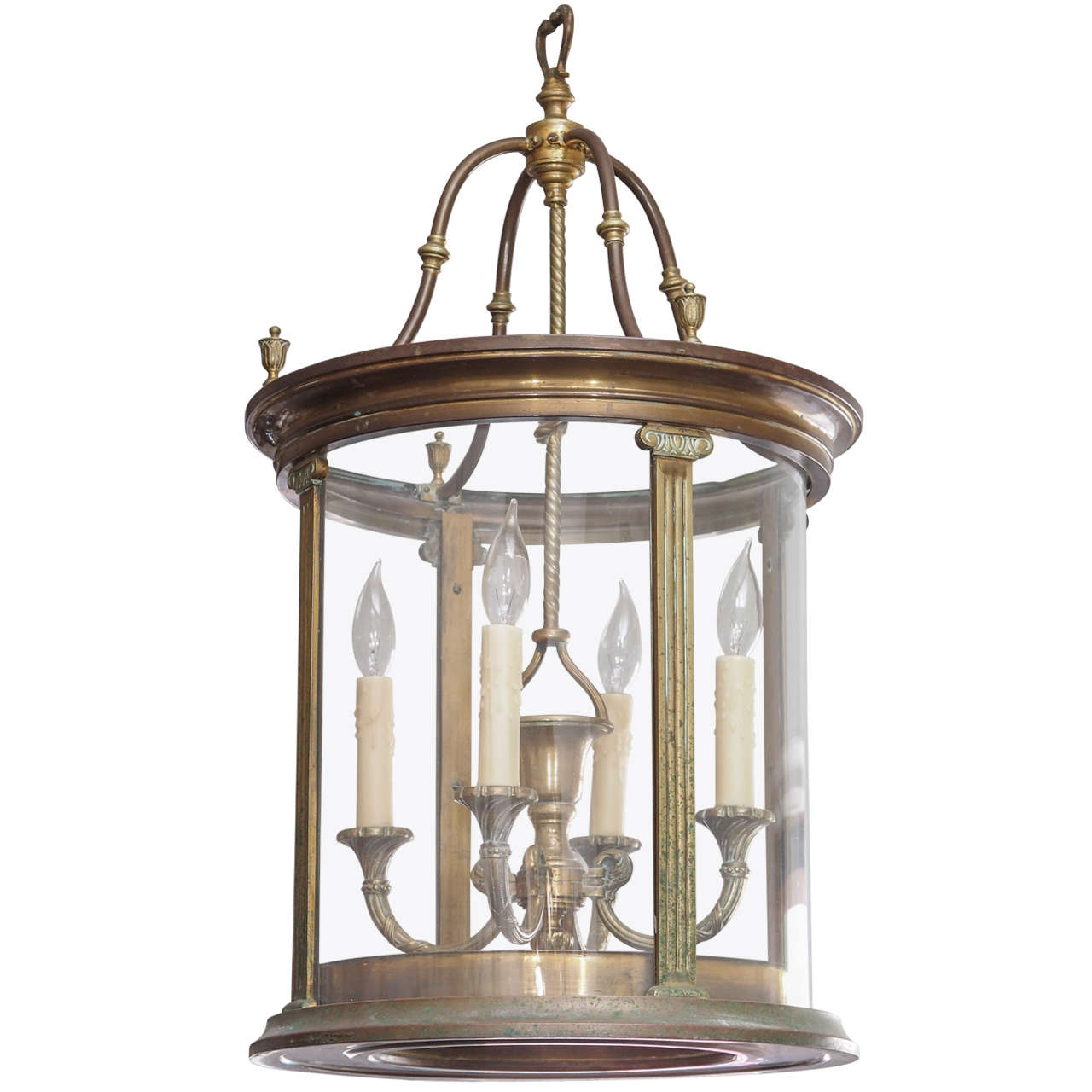 French Cylindrical Glass Paneled and Brass Lantern & Ionic Columns For Sale