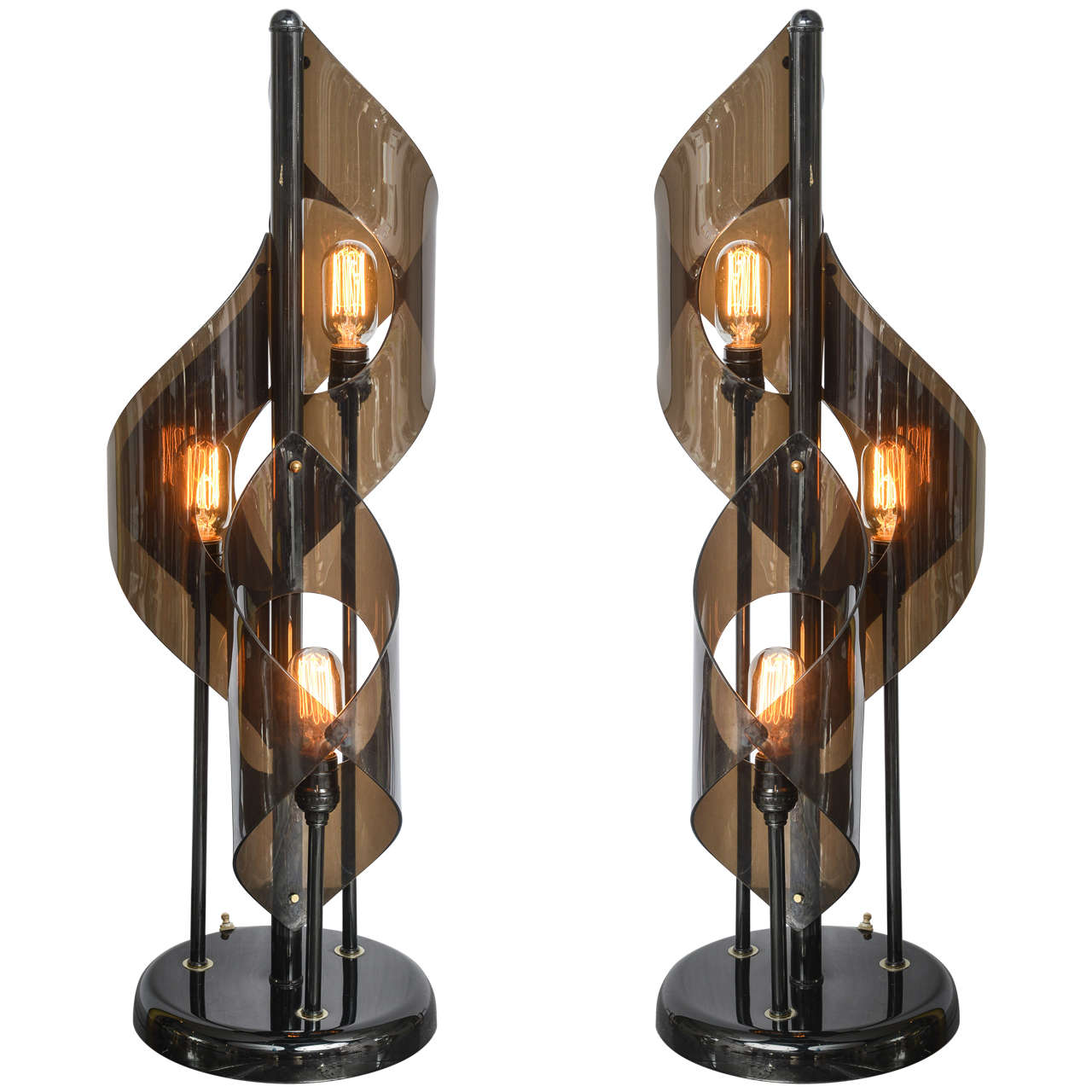 Pair of Tall Acrylic, Black Lucite Table Lamps