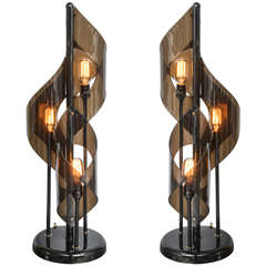 Pair of Tall Acrylic, Black Lucite Table Lamps