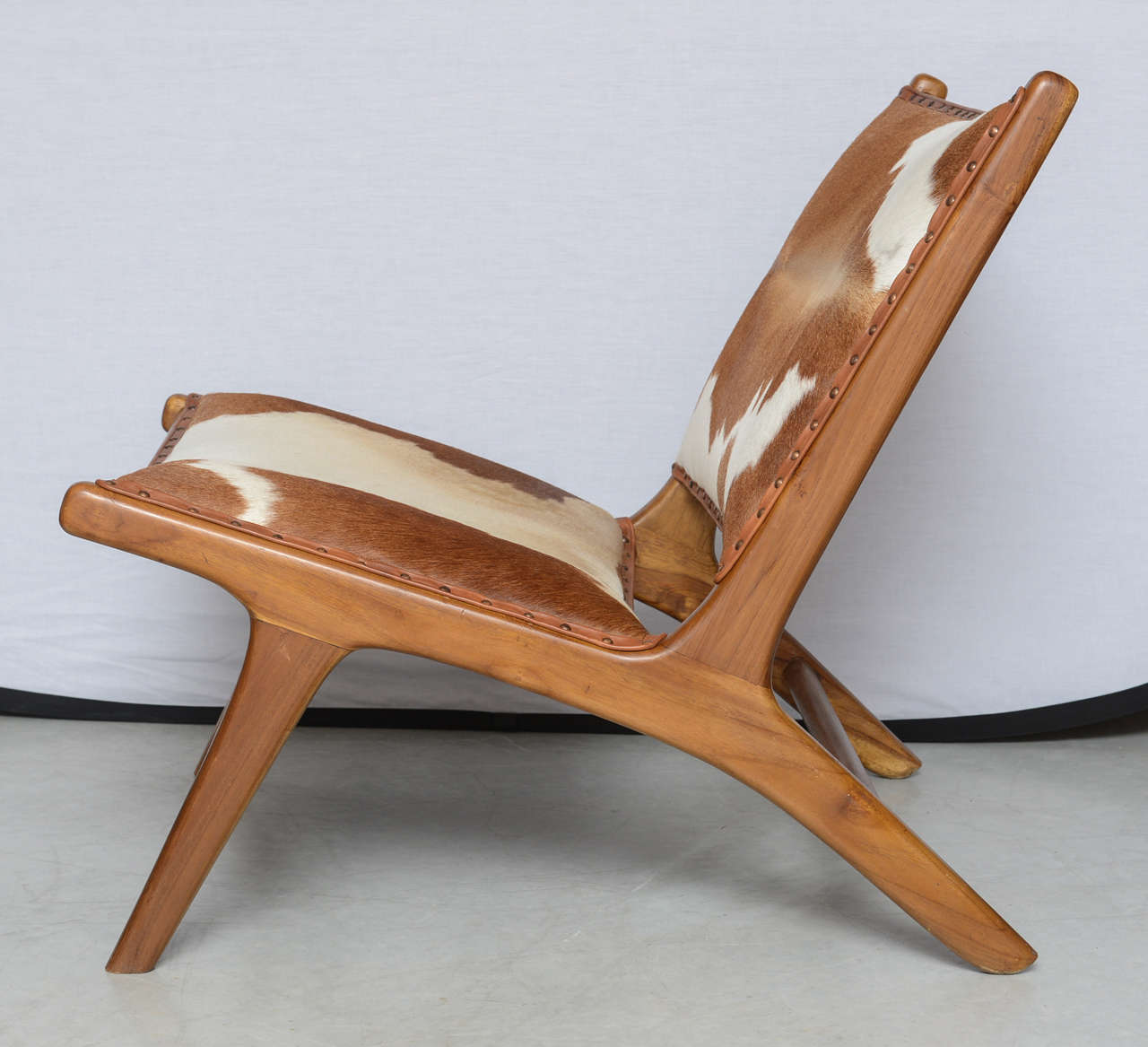Animal Skin Cowhide Upholstered Teak Lounge Chair
