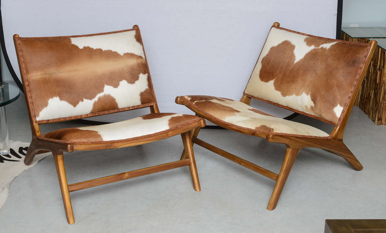 Cowhide Upholstered Teak Lounge Chair 4