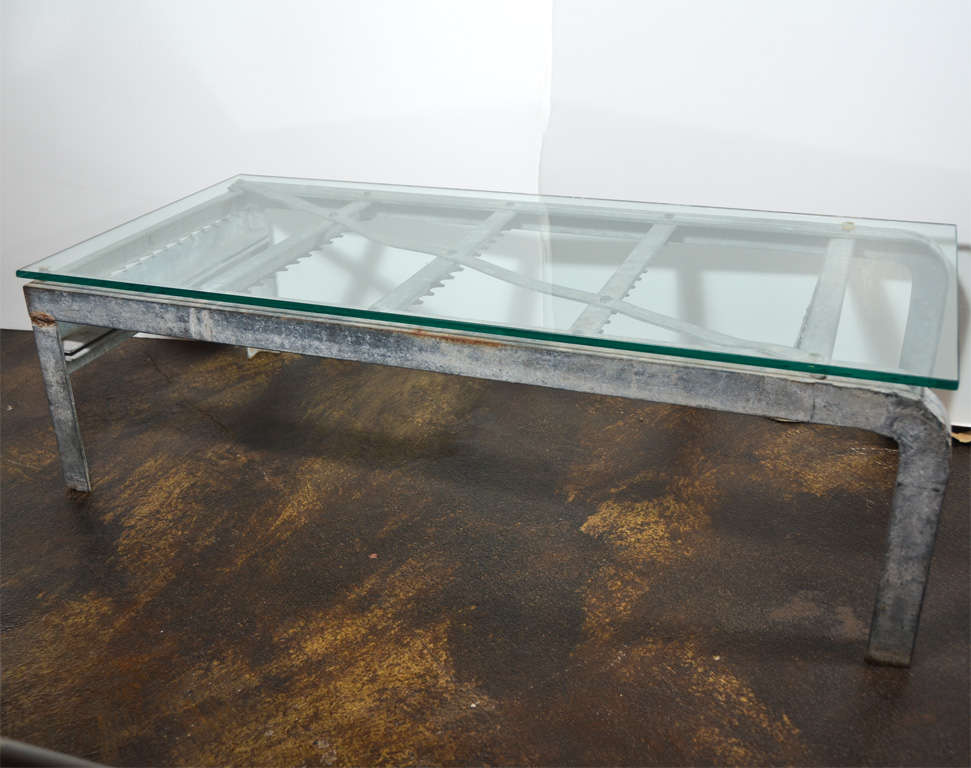 American Industrial Art Glass Top Coffee Table For Sale