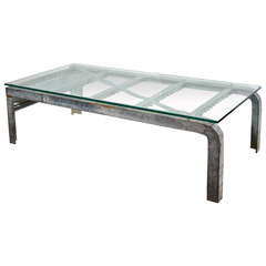 Used Industrial Art Glass Top Coffee Table