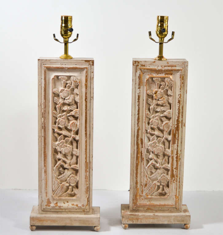 Pair Carved Wood Panel Lamps