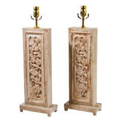 Pair Carved Wood Panel Lamps