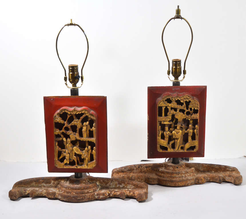 Asian Carving on Industrial Base Lamps