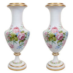 A Pair of Large French Opaline Vases Painted with Flowers