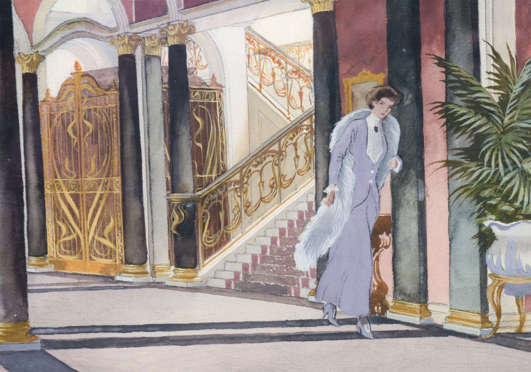 Two watercolor interiors depicting scenes of the Russian royal family at the Alexander Palace.  The Alexander Palace, the former Russian imperial residence at Tsarkoye Selo, was the favorite residence of Tsar Nicholas II, the last Tsar of Russia. 