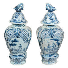 A Pair of Large Dutch Delft Covered Vases with Romantic Scenes
