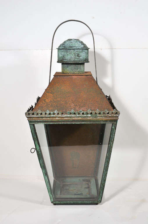 19th c. French Lantern with Zinc Ornamental Detail.  Handle added later. Originally used with Candles
