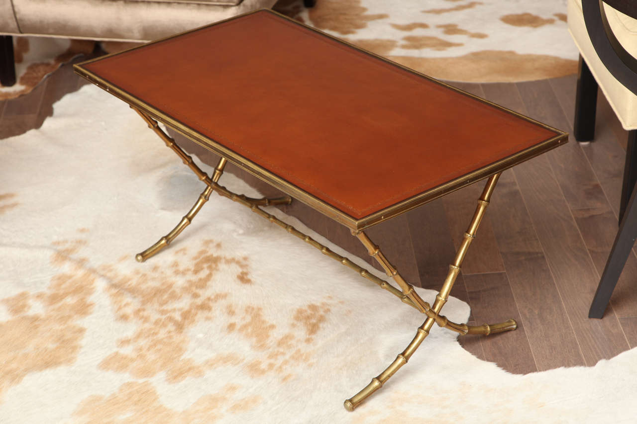 Leather Top Cocktail Table With Faux Brass Bamboo Base, c. 1950 In Excellent Condition In New York, NY