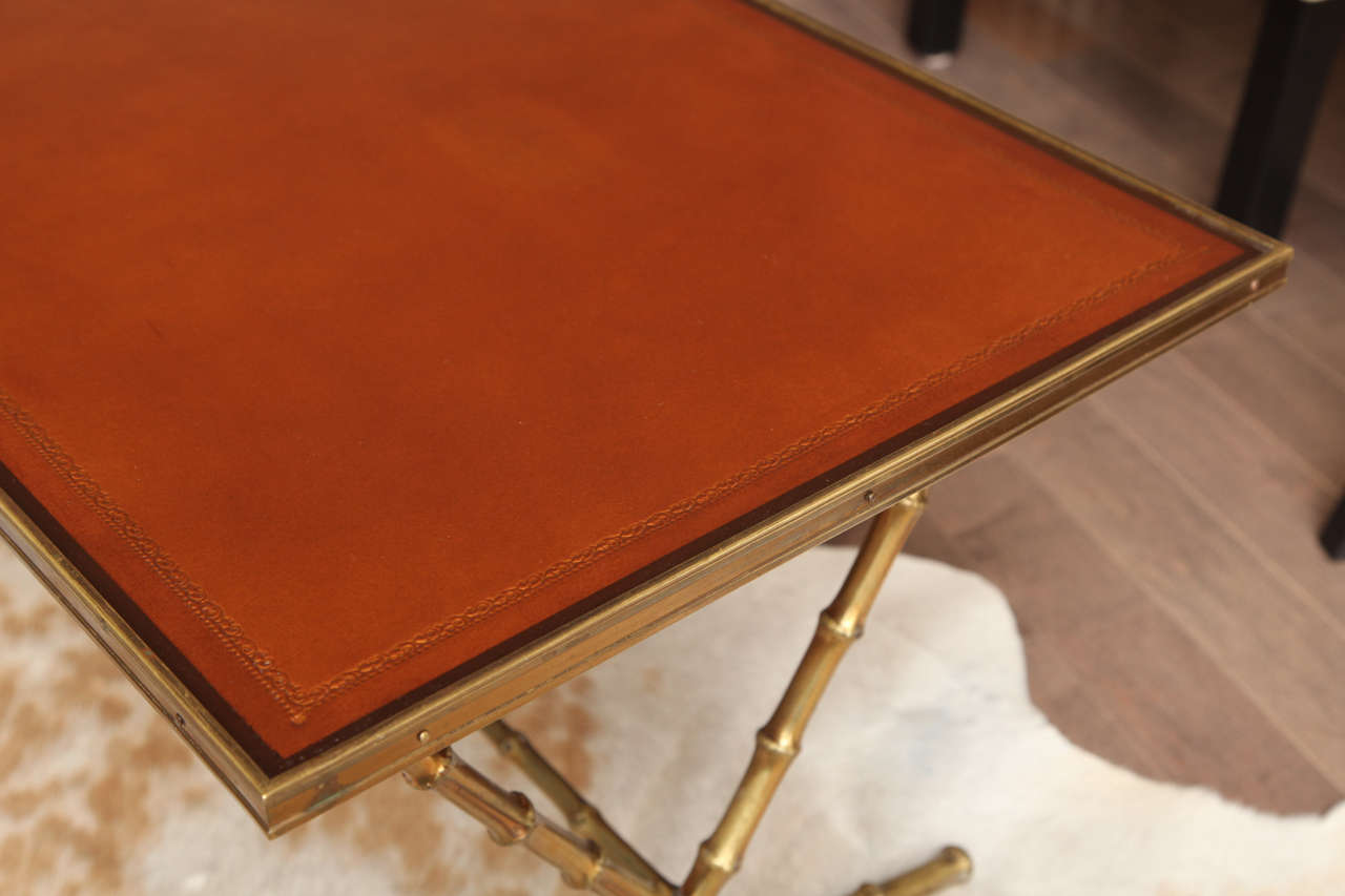 Leather Top Cocktail Table With Faux Brass Bamboo Base, c. 1950 3