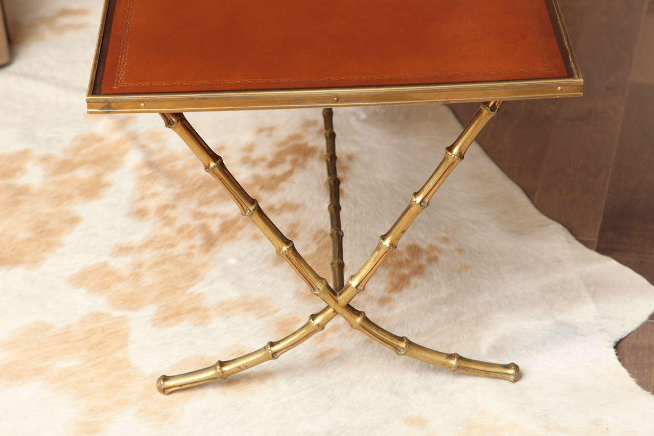Leather Top Cocktail Table With Faux Brass Bamboo Base, c. 1950 4