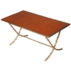 Leather Top Cocktail Table With Faux Brass Bamboo Base, c. 1950