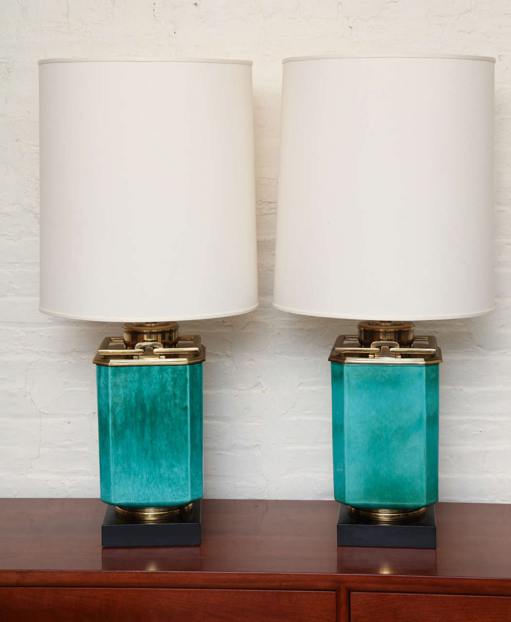 Pair of turquoise lamps with brass trim by Stiffel, c. 1960