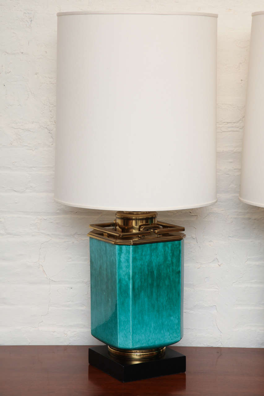 Pair Of Turquoise Lamps With Brass Trim By Stiffel, c. 1960 In Excellent Condition In New York, NY