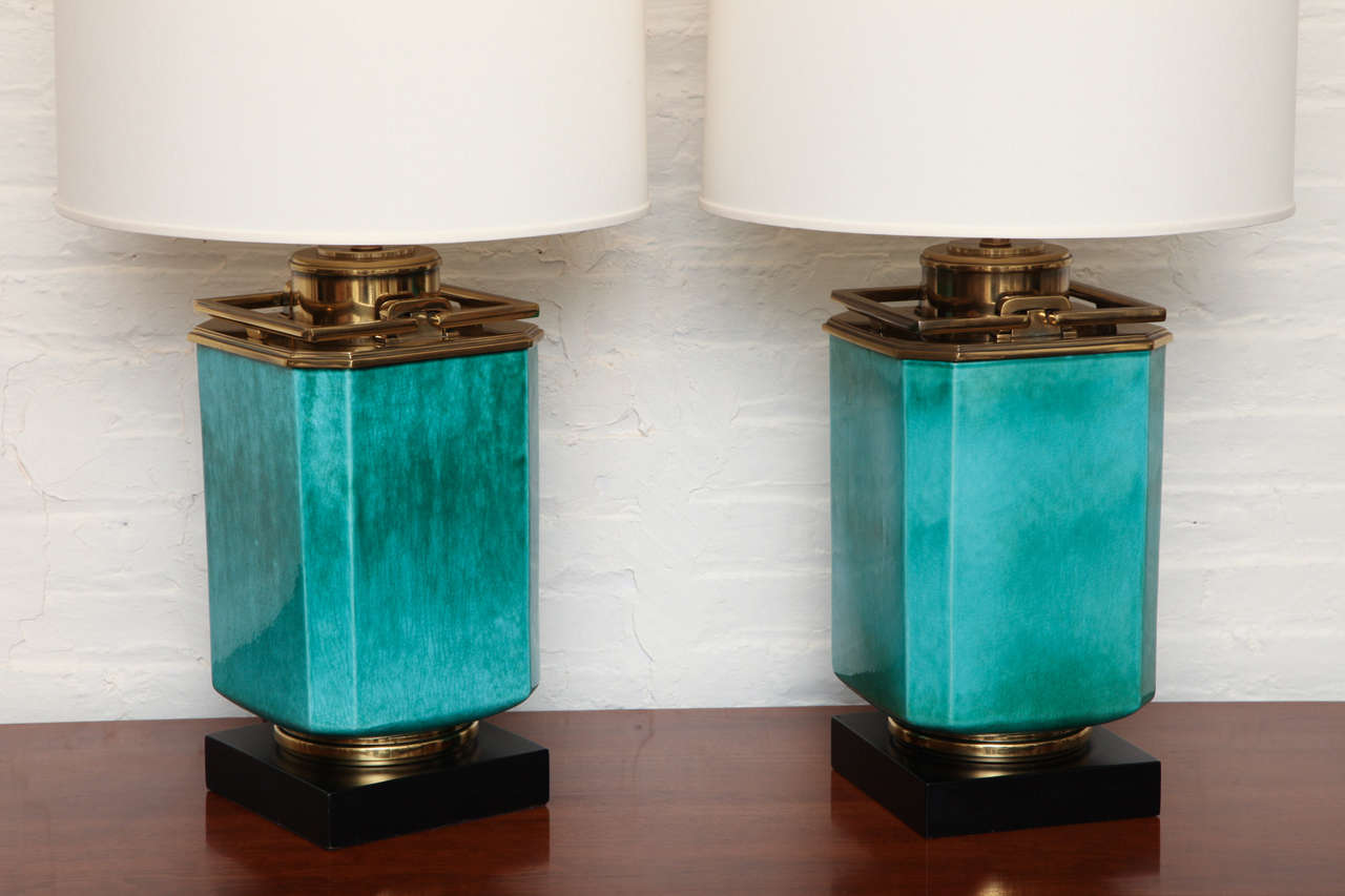 Mid-20th Century Pair Of Turquoise Lamps With Brass Trim By Stiffel, c. 1960