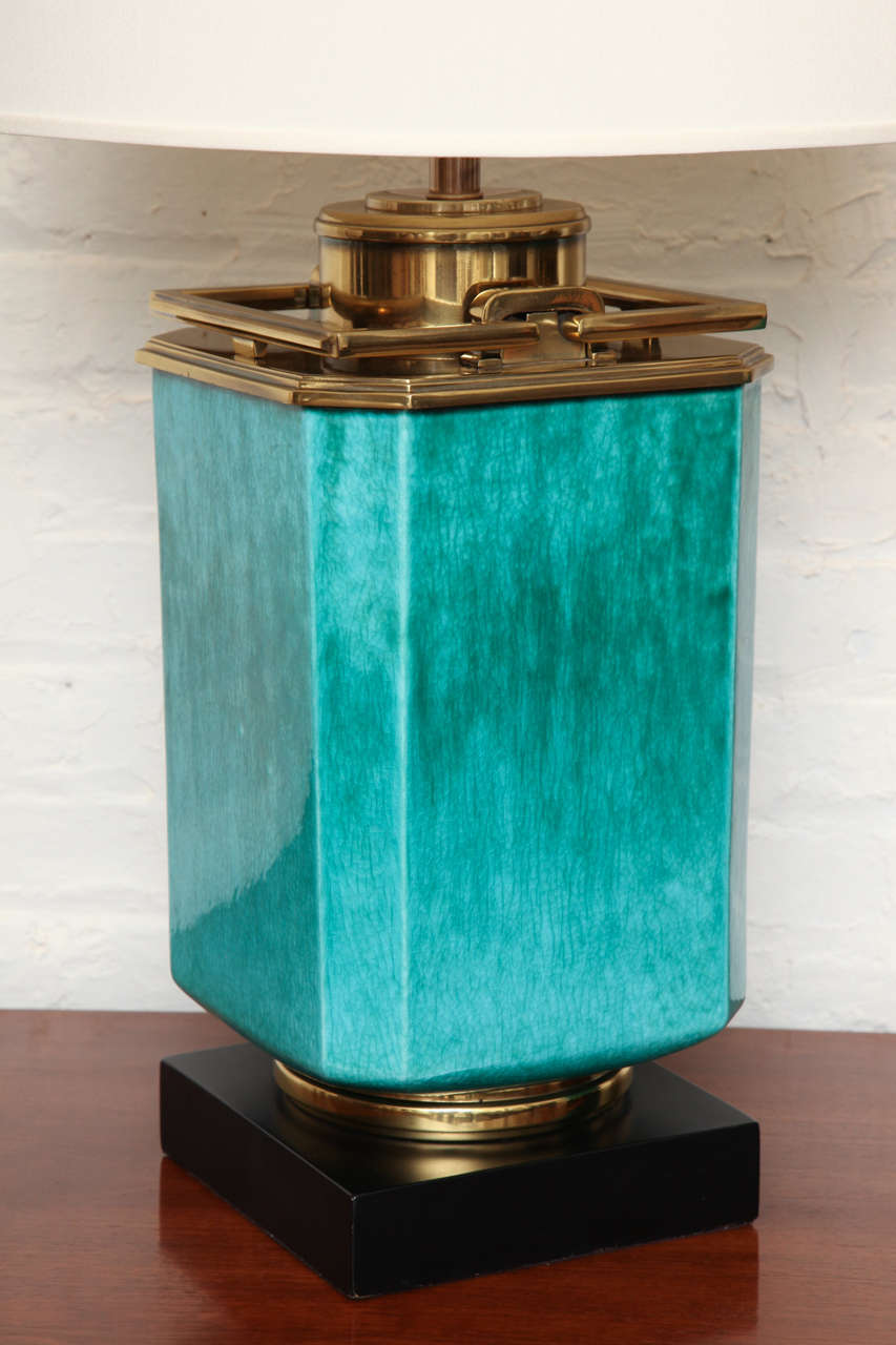 Cord Pair Of Turquoise Lamps With Brass Trim By Stiffel, c. 1960