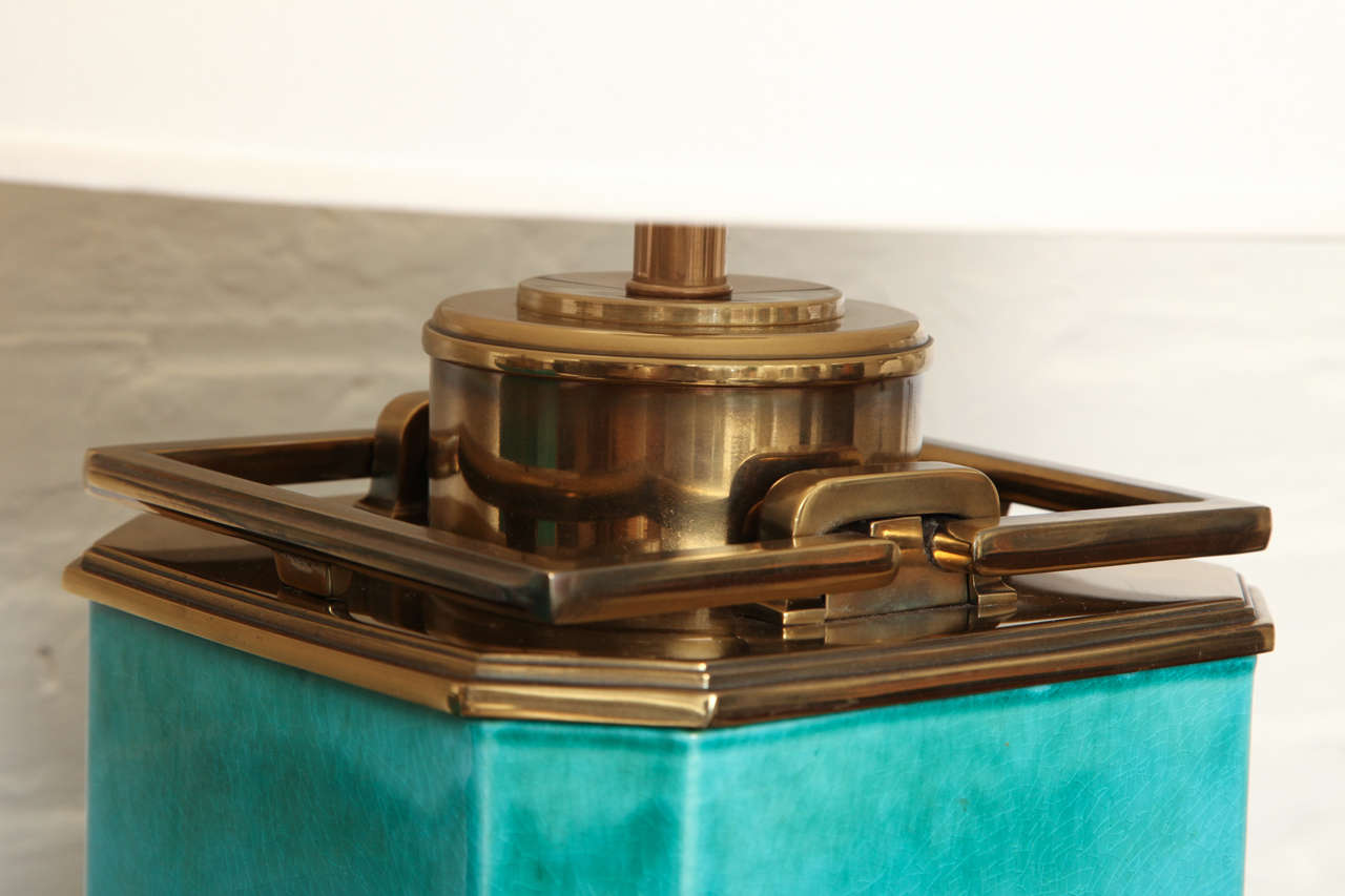 Pair Of Turquoise Lamps With Brass Trim By Stiffel, c. 1960 1