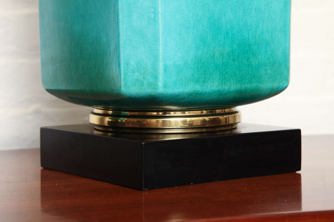 Pair Of Turquoise Lamps With Brass Trim By Stiffel, c. 1960 2