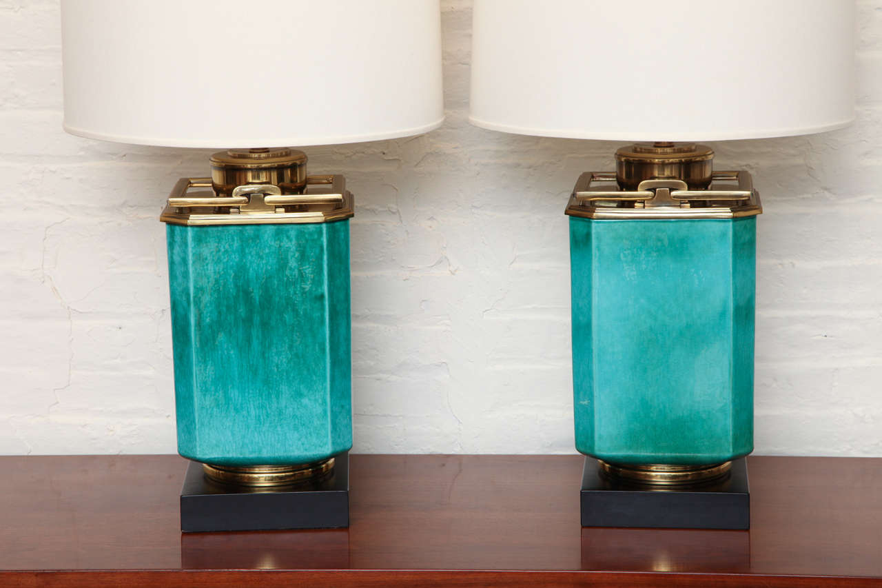 Pair Of Turquoise Lamps With Brass Trim By Stiffel, c. 1960 3