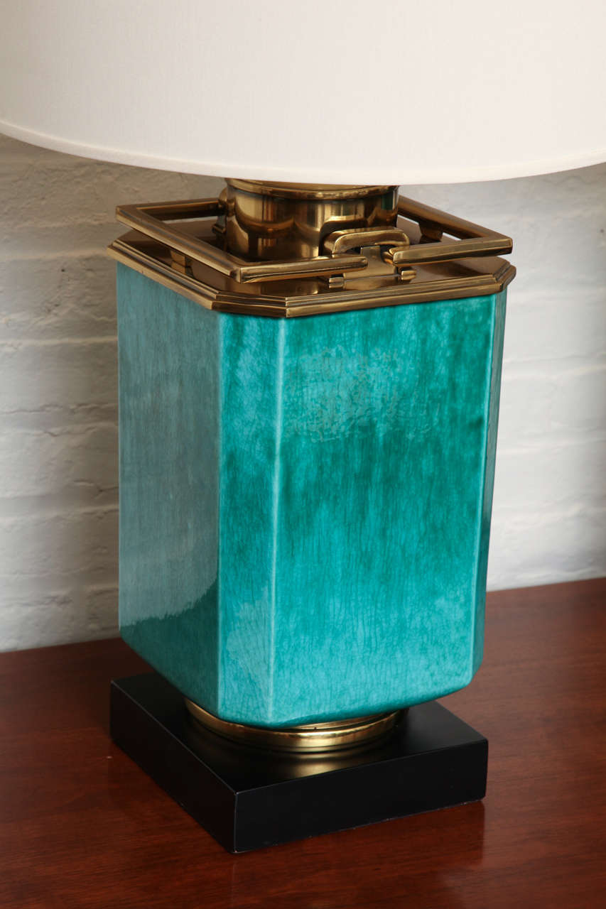 Pair Of Turquoise Lamps With Brass Trim By Stiffel, c. 1960 4