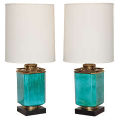 Pair Of Turquoise Lamps With Brass Trim By Stiffel, c. 1960