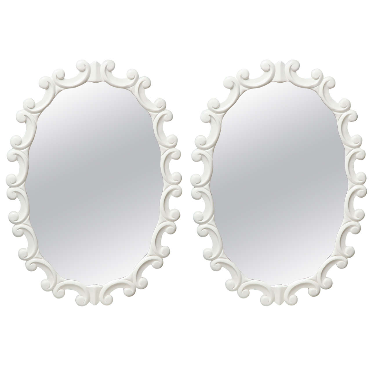 Pair of White Lacquered Faux Regency Oval Mirrors, Circa 1940