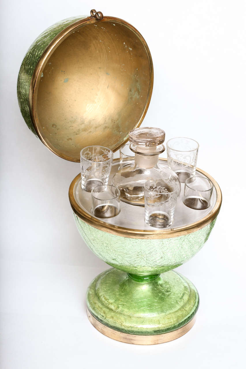 American Green Crackle Glass Mirror Ball Cordial Set
