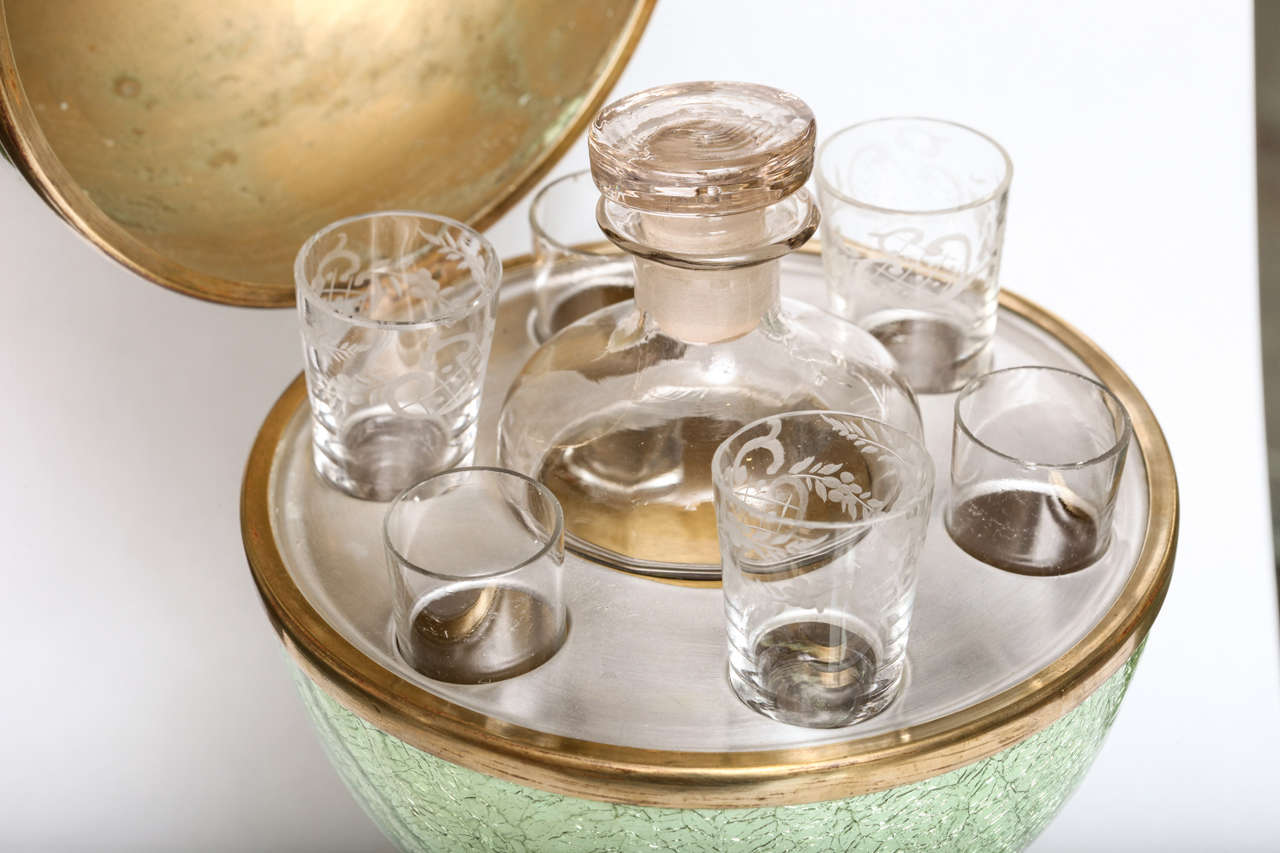 Green Crackle Glass Mirror Ball Cordial Set 3