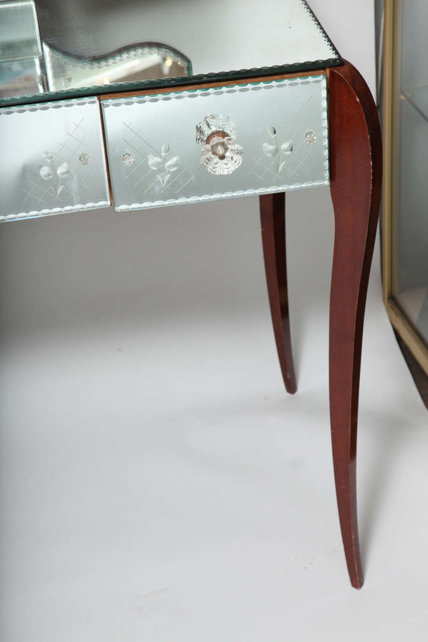 Mid-20th Century 4 Drawer Mirrored Vanity with Etching and Glass Handles on Cabriole Legs