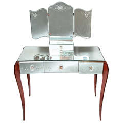 4 Drawer Mirrored Vanity with Etching and Glass Handles on Cabriole Legs