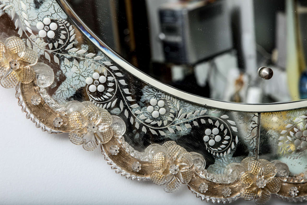 Mid-20th Century Etched Bevelled Circular Mirror with Filigree Applied Border