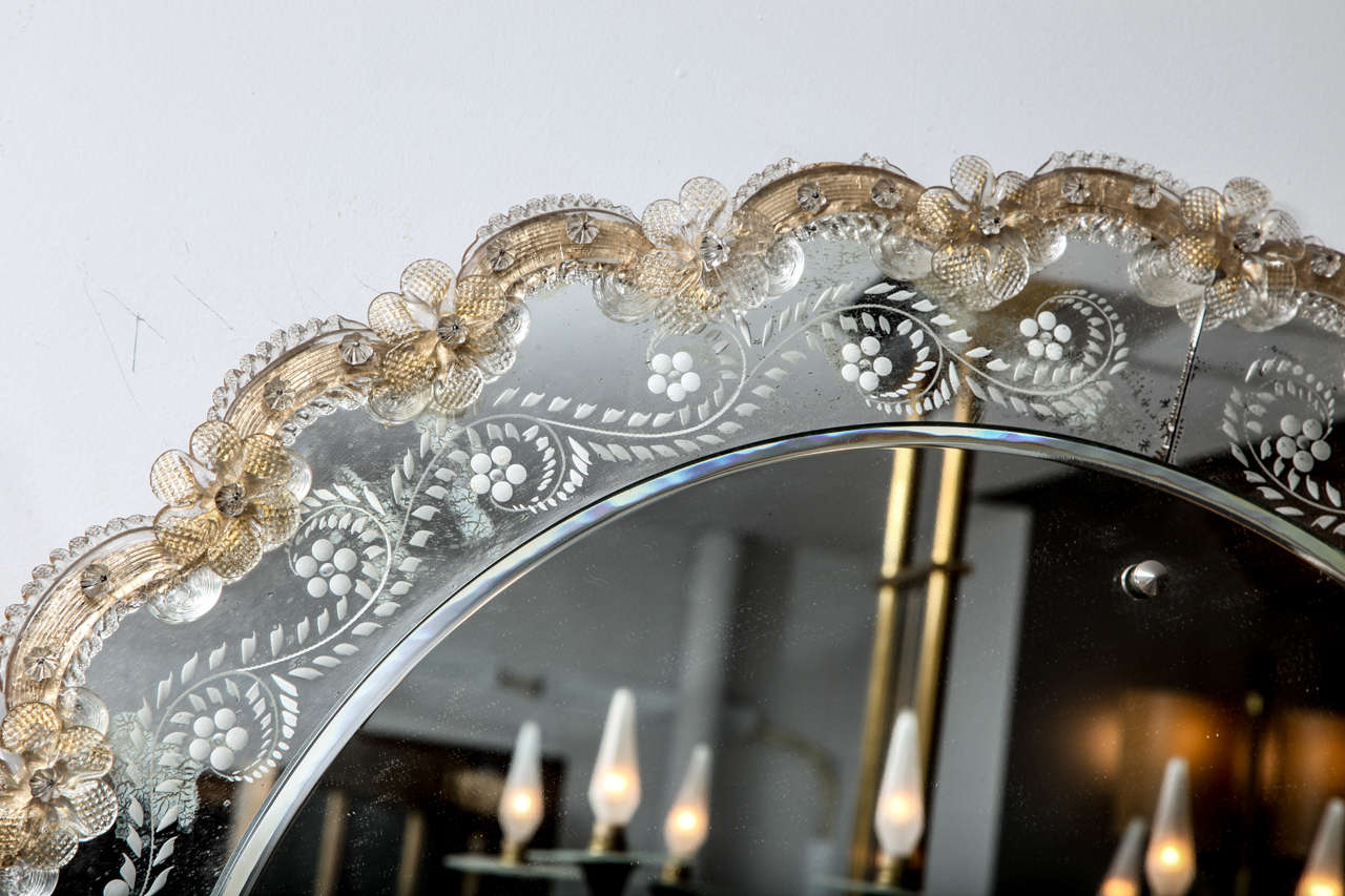Glass Etched Bevelled Circular Mirror with Filigree Applied Border