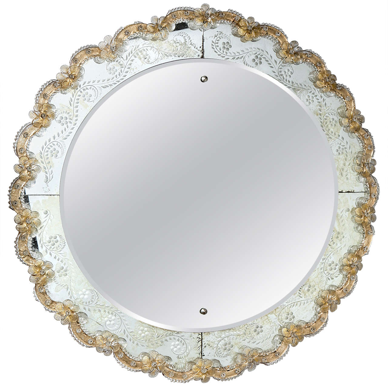 Etched Bevelled Circular Mirror with Filigree Applied Border