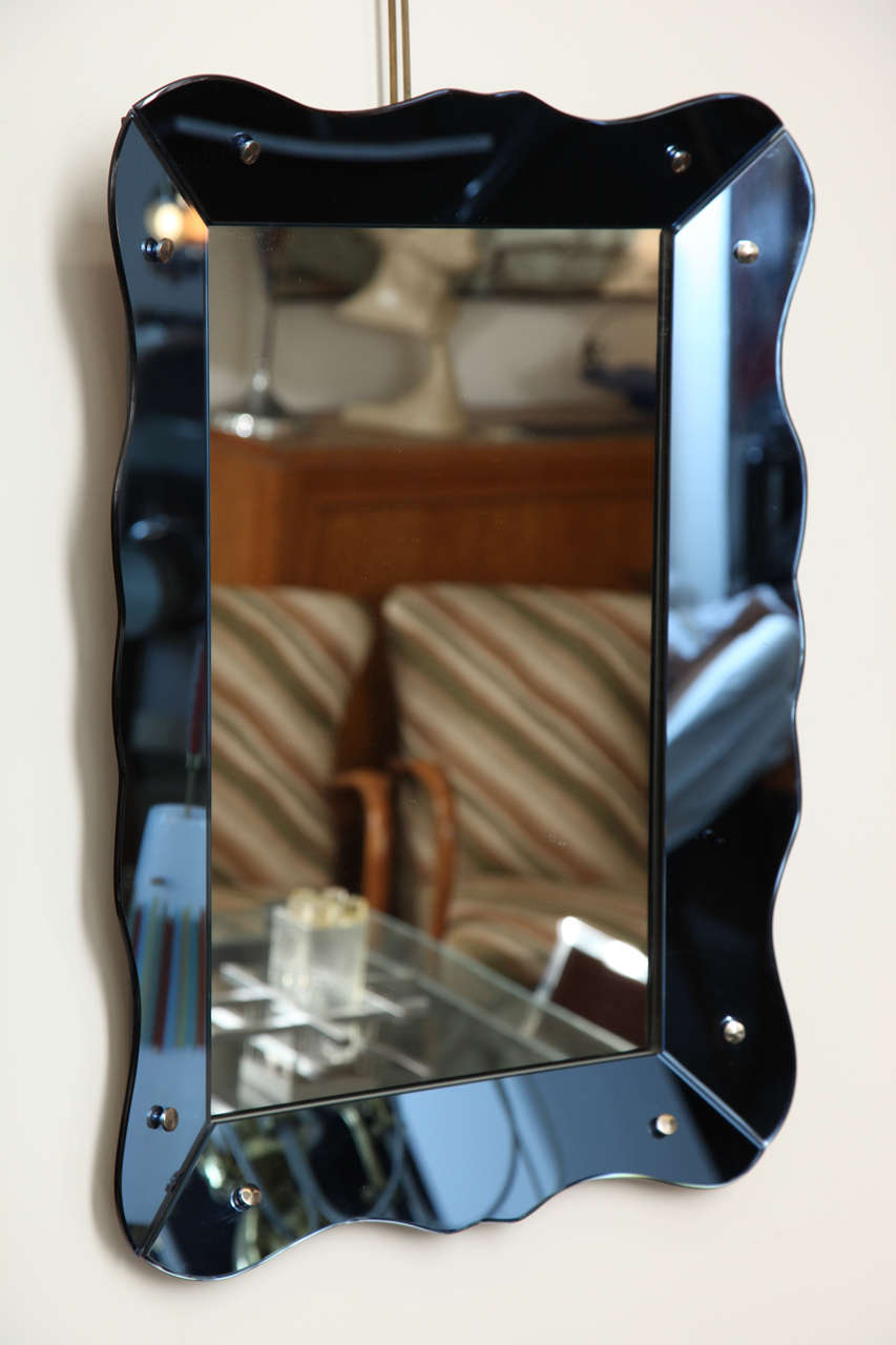 BEAUTIFUL SCALLOPED EDGE STEEL BLUE MIRROR MADE IN ITALY 1940's BY CHRYSTAL ARTE.