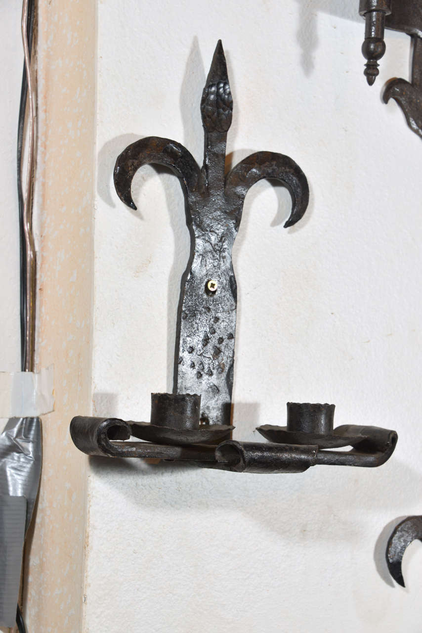 Pair of Antique Hand Forged Iron Fleur de Lys Sconces from France 1